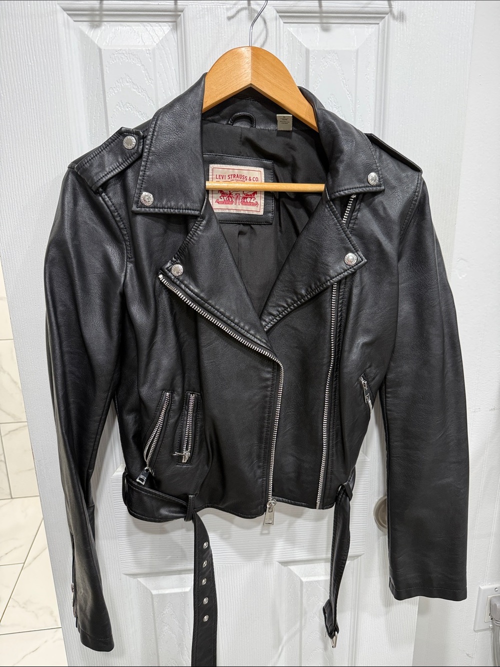 Levi's Black Leather Biker Jacket with Belt